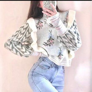 Cider Dreamers and Lovers Floral Heart Ruffle Crewneck Sweater